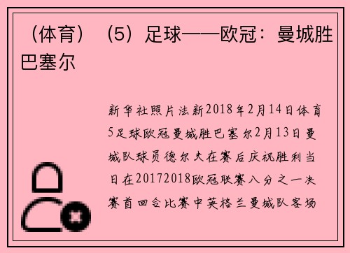 （体育）（5）足球——欧冠：曼城胜巴塞尔